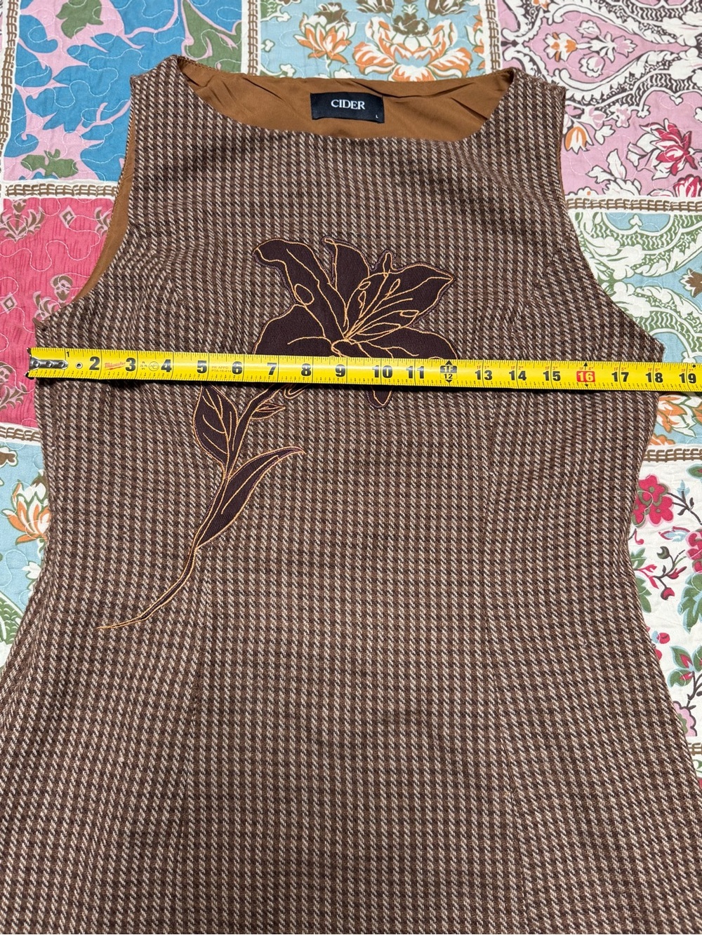 Weighted Mini Dress Cider Brown Houndstooth Floral Sleeveless Shift Sz L - Picture 4 of 6